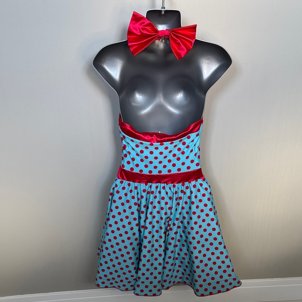 Weissman Turquoise Polka Dot One-Shoulder Party Dress with Red Accents - Picture 4 of 9